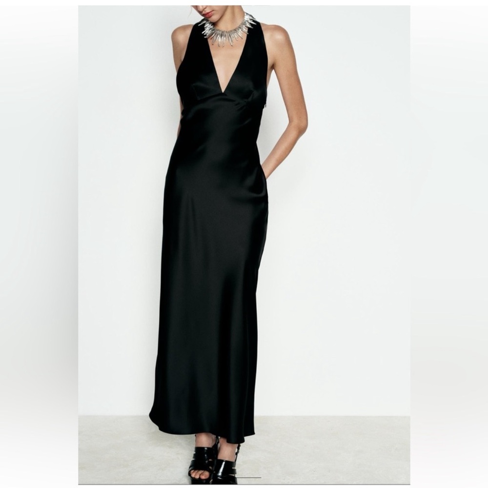 NWT Zara V-Neck Satin Effect Open Back Midi Dress - Picture 3 of 7